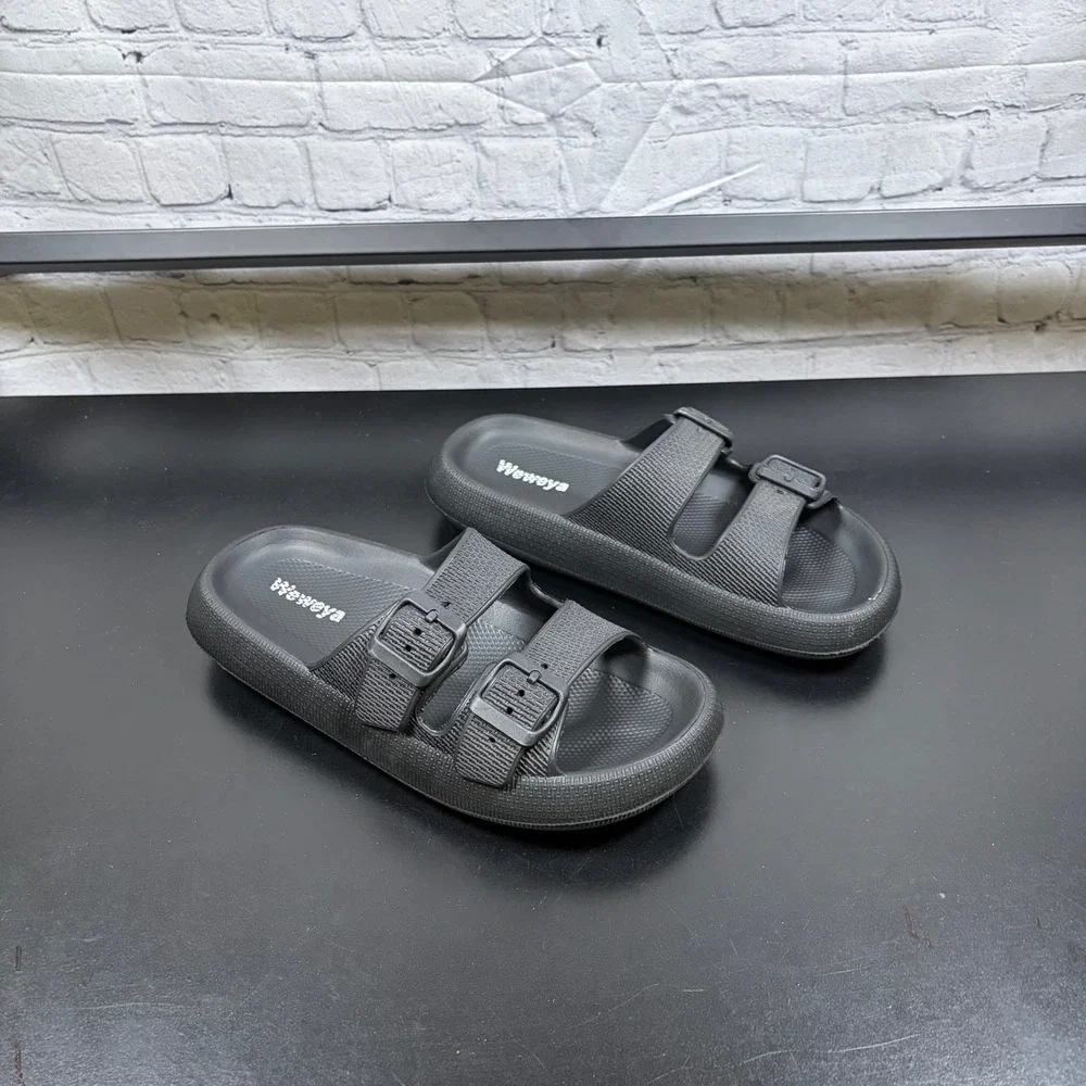 Weweya Black Double Buckle Cloud Slides Foam Sandals Mens 7-8 Womens 8.5-9.5